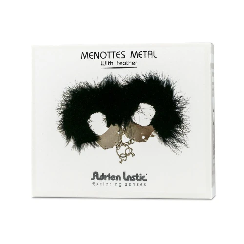 На фото зображено наручники з чорним хутром Adrien Lastic Handcuffs Black унісекс на світлому фоні