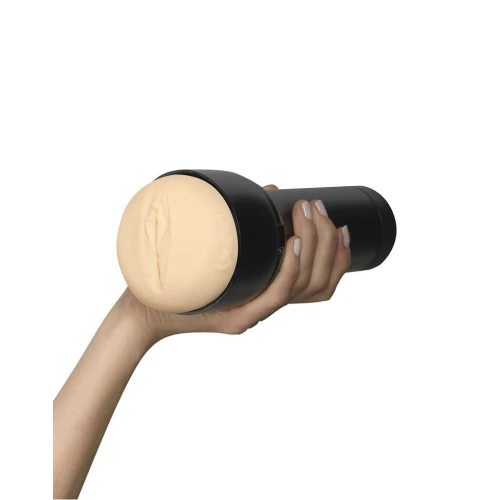 На фото зображено чорно-бежевий мастурбатор-вагіна Аполлонії Лап'єдра Kiiroo Feel Apolonia Lapeidra для чоловіків на білому тлі.