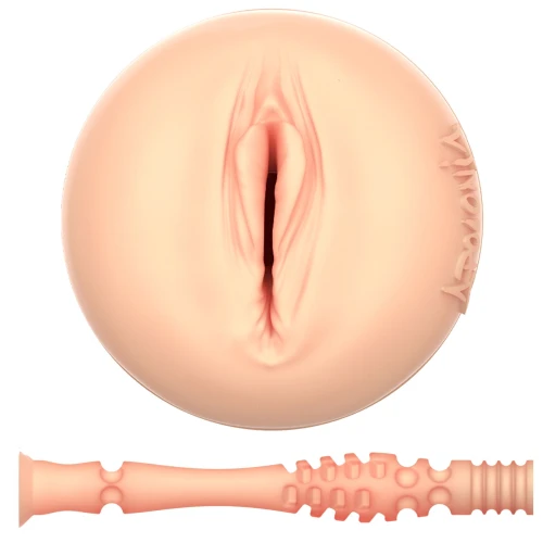 На фото зображено чорно-бежевий мастурбатор-вагіна Аполлонії Лап'єдра Kiiroo Feel Apolonia Lapeidra для чоловіків на білому тлі.