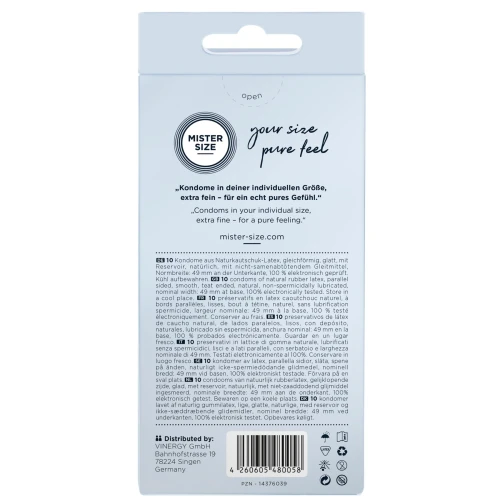 На фото изображена серо-черная упаковка презервативов Mister Size 49 (10 pcs) для мужчин на белом фоне.