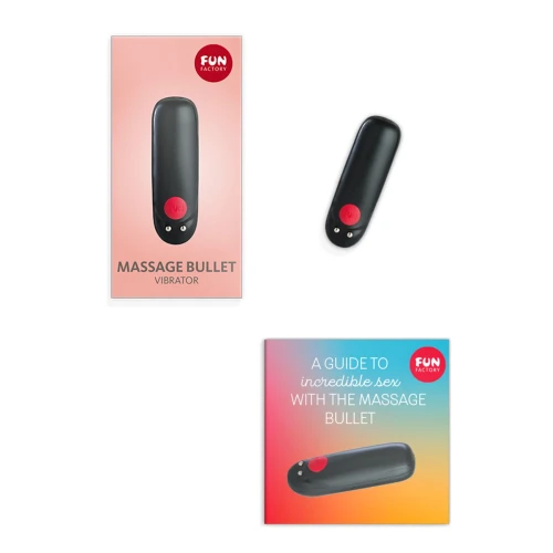 На фото зображено чорну віброкулю з червоною кнопкою Fun Factory Massage BULLET для жінок на білому тлі.