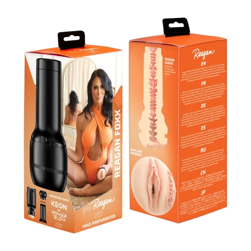 На фото зображено бежево-чорний мастурбатор-вагіна PBC Kiiroo Feel Reagan Foxx, який сумісний з PowerBlow та Keon для чоловіків на білому тлі.