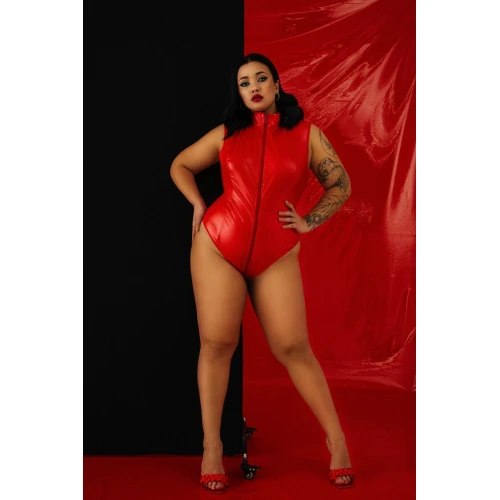 Лакированный комбидресс красный “Дерзкая Стелла” XXXL, молния на все тело