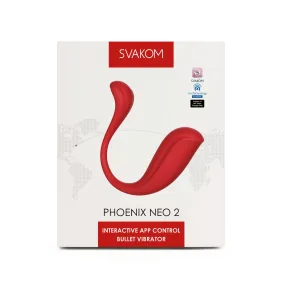 На фото изображено красное смарт виброяйцо Svakom Phoenix Neo 2 для женщин на белом фоне.