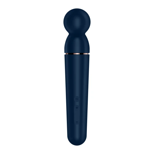 На фото зображений синій бездротовий вібромасажер для тіла Satisfyer Planet Wand-er Blue у формі мікрофона для пар на білому тлі.