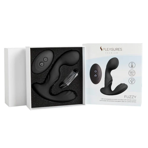 На этом фото изображен черный вибромассажер простаты  S Pleasures Premium FUZZY для мужчин на светлом фоне.