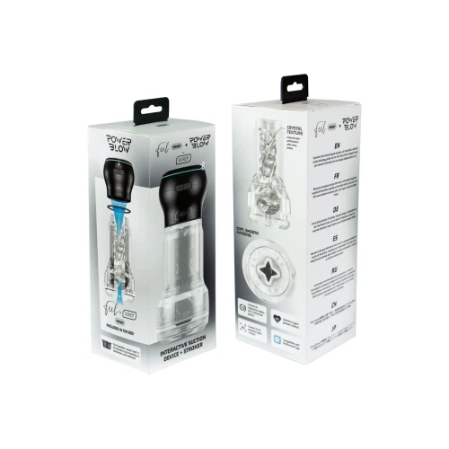 На фото изображен черно-белый мастурбатор Kiiroo Feel Pocket Crystal с всасывающей интерактивной насадкой PowerBlow Combo Set для мужчин на светлом фоне