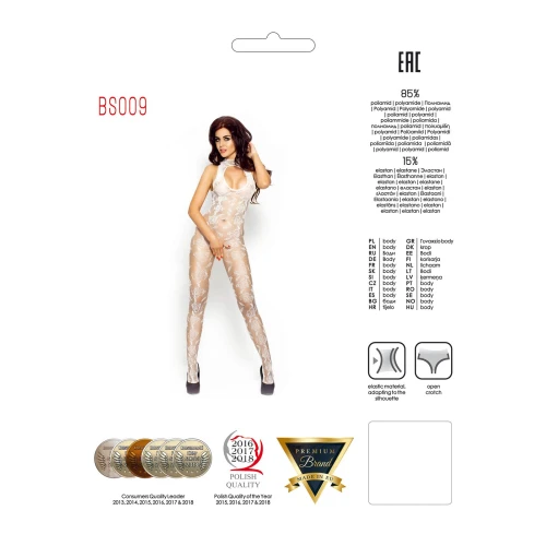 Бодистокинг Passion BS009 white, комбинезон, цветочный узор, декольте, закрытое горло