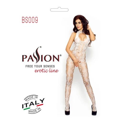 Бодистокинг Passion BS009 white, комбинезон, цветочный узор, декольте, закрытое горло