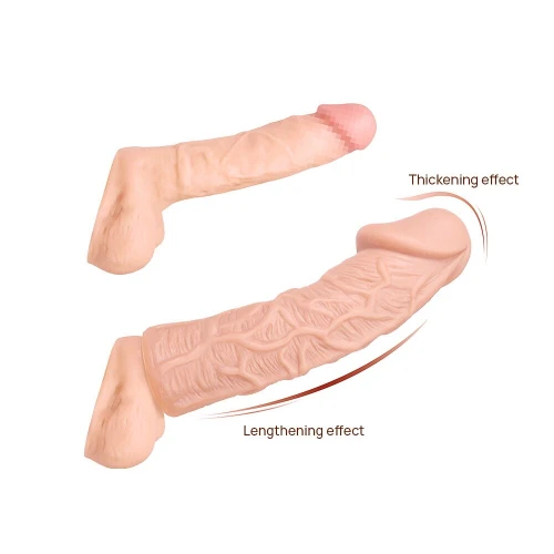 На фото зображено бежеву насадку на член Kokos Extreme Sleeve ES.05 розміру S для пар на білому тлі.