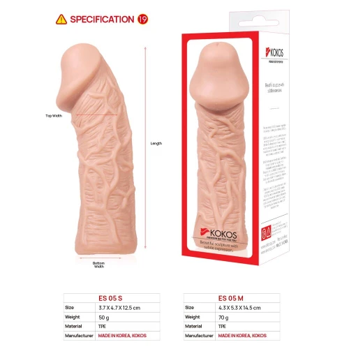 На фото зображено бежеву насадку на член Kokos Extreme Sleeve ES.05 розміру S для пар на білому тлі.