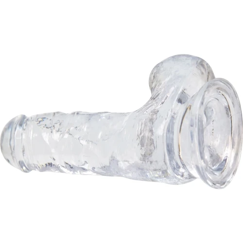 На фото изображен прозрачный фаллоимитатор ADDICTION - Crystal Clear Dildo with Balls - 6" на белом фоне.