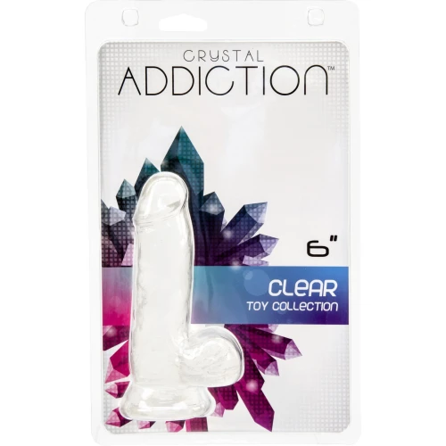 На фото изображен прозрачный фаллоимитатор ADDICTION - Crystal Clear Dildo with Balls - 6" на белом фоне.