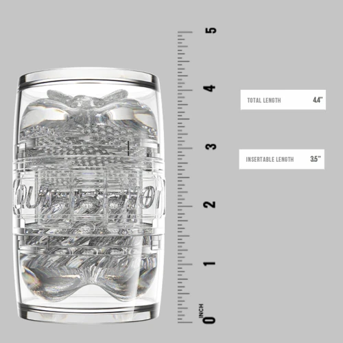 На фото зображено напівпрозорий мастурбатор для мінету Fleshlight Quickshot Mia Malkova для чоловіків на сірому тлі.