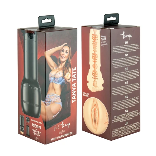 На фото зображено бежево-чорний мастурбатор-вагіна Таня Тейт Kiiroo Feel Tanya Tate для чоловіків на білому тлі