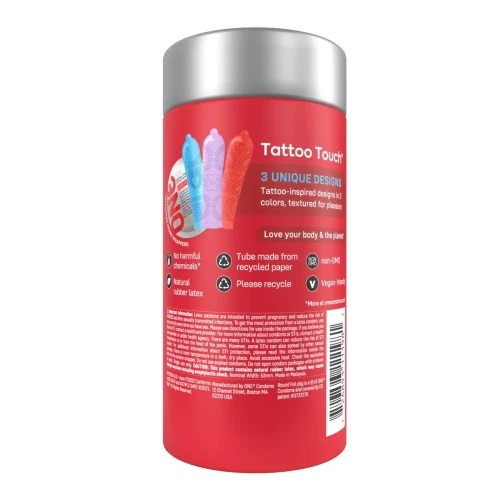 На фото изображена красная упаковка презервативов ONE Tattoo Touch  для мужчин на белом фоне.