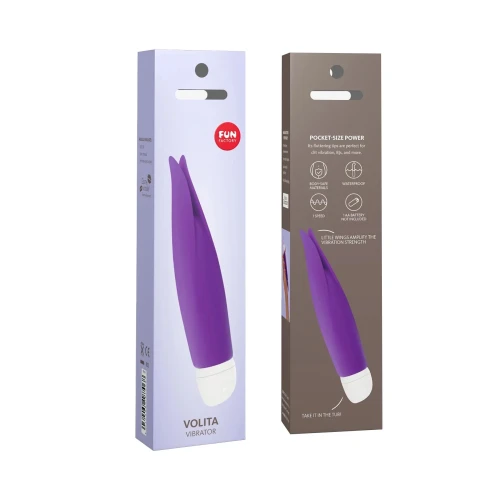 На фото зображено фіолетовий вібратор із пелюстками Fun Factory VOLITA для жінок на білому тлі.
