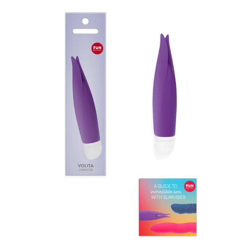 На фото зображено фіолетовий вібратор із пелюстками Fun Factory VOLITA для жінок на білому тлі.