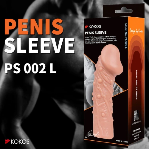 На фото зображено бежеву насадку на член Kokos Penis Sleeve PS 002 L в коробці для пар на білому тлі.
