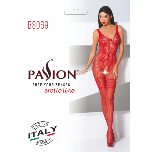 Бодистокинг Passion BS069 red, комбинезон, имитация чулок и боди