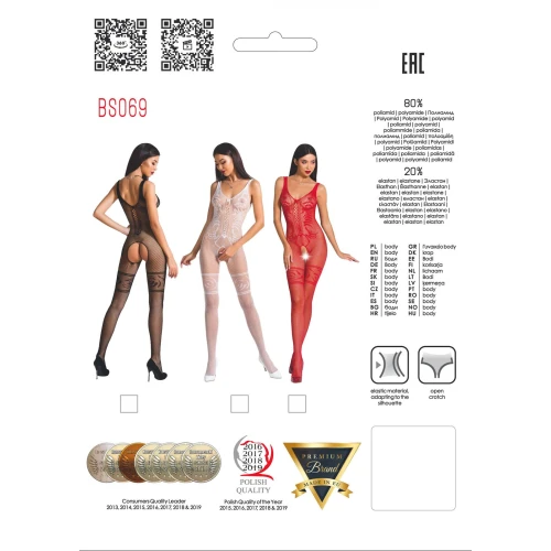 Бодистокинг Passion BS069 red, комбинезон, имитация чулок и боди