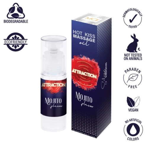 На фото изображено синее массажное масло MAI ATTRACTION MOJITO BALM (50 мл) для пар на белом фоне.