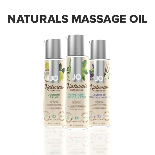 На фото изображено светлое массажное масло с эфирными маслами JO - Naturals Massage Oil - Peppermint&Eucalyptus для пар на белом фоне.