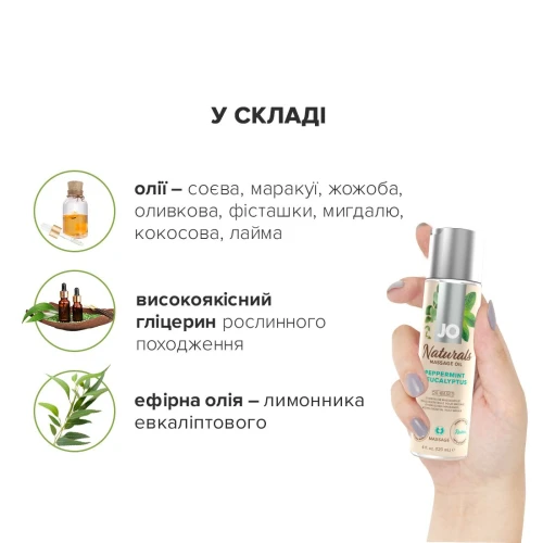 На фото изображено светлое массажное масло с эфирными маслами JO - Naturals Massage Oil - Peppermint&Eucalyptus для пар на белом фоне.
