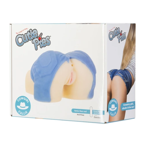 На фото зображено бежевий мастурбатор вагіну та попку в розірваних джинсах CutiePies – Cowgirl Callie – Vagina & Ass Masturbator для чоловіків на білому тлі.