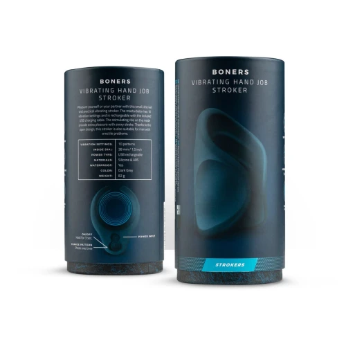 На фото зображено синій мастурбатор для головки члена Boners Vibrating Hand Job Stroker для чоловіків на сірому фоні