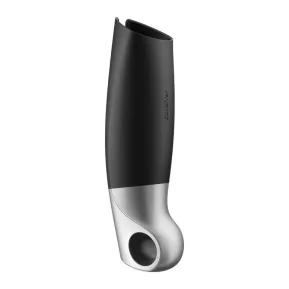 На фото изображен черный смарт мастурбатор с вибрацией Satisfyer Power Masturbator для мужчин на белом фоне
