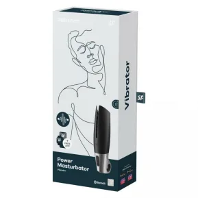 На фото изображен черный смарт мастурбатор с вибрацией Satisfyer Power Masturbator для мужчин на белом фоне