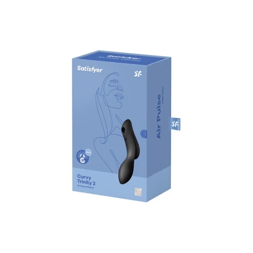 На фото изображен черный вакуумный стимулятор с вибрацией Satisfyer Curvy Trinity 2 Black для женщин на белом фоне.