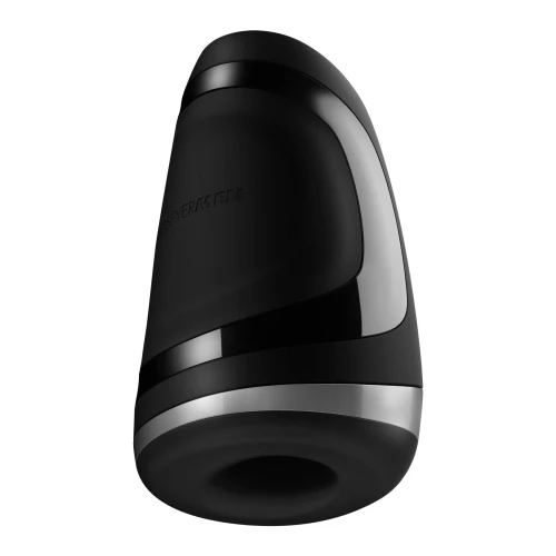 На фото зображено чорний мастурбатор із вібрацією Satisfyer Men Heat Vibration для чоловіків на світлому тлі