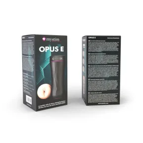 На фото изображен черный мастурбатор-вагина для электро секса Mystim Opus E Vagina для мужчин на белом фоне