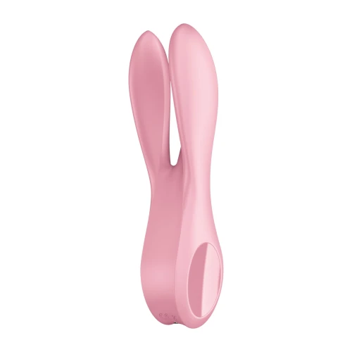 На фото зображено рожевий вібратор із щупальцями Satisfyer Threesome 1 Light Pink для жінки та пари на білому тлі.