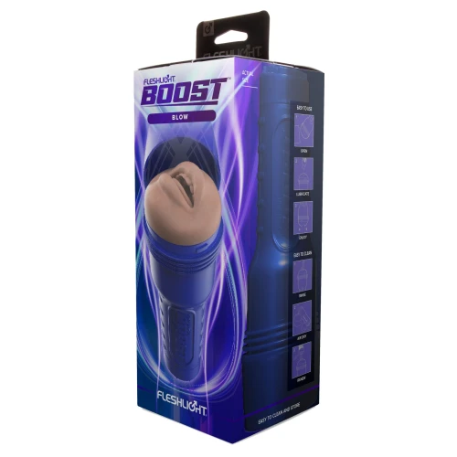 На этом фото изображен фиолетово-бежевый Fleshlight Boost Blow - Fleshlight Boost Bang - мастурбатор в форме рта для мужчин на светлом фоне.