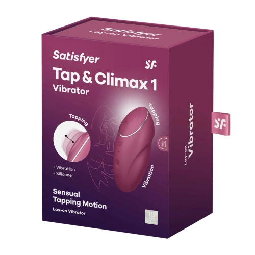 На фото изображен красный вибратор с постукиванием Satisfyer Tap & Climax 1 Red для пар на белом фоне.
