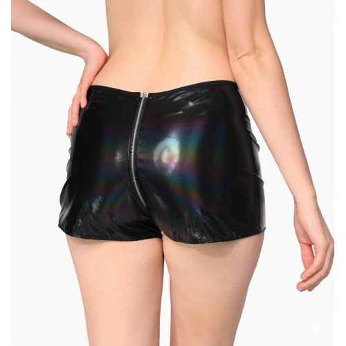 На фото лаковані шортики на блискавці Art of Sex - Jarina, колір чорний, з ефектом голограми, розмір S 