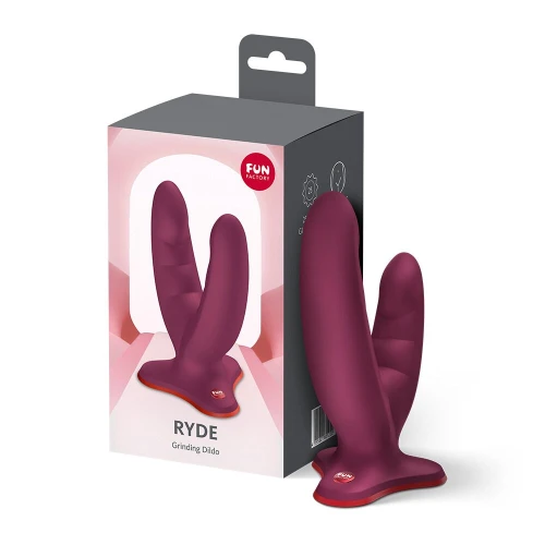 На фото двойной фаллоимитатор Fun Factory RYDE Wine Red, гибкие стволы, присоска