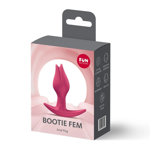 На фото анальна пробка Fun Factory BOOTIE FEM Raspberry, у вигляді бутона, діаметр 2,9 см, тонкий обмежувач
