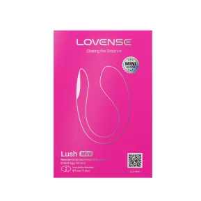 На фото изображена розовая коробка мини смарт-виброяйца Lovense Lush Mini для женщин на белом фоне.