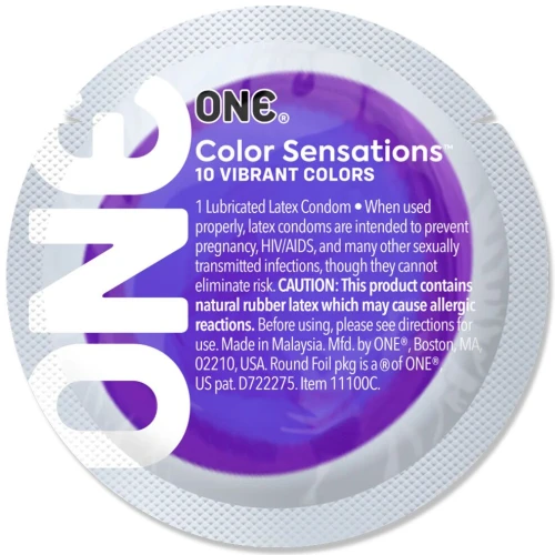 На фото презерватив ONE Color Sensations Pick ONE, 1 шт, фиолетовый, гладкий, со смазко