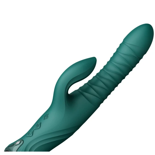 На фото зелений смарт пульсатор-кролик з вібрацією Zalo Mose 2 Turquoise Green, підігрів до 42 °C, кристал Swarovski 