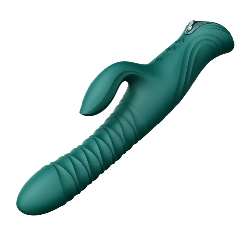 На фото зелений смарт пульсатор-кролик з вібрацією Zalo Mose 2 Turquoise Green, підігрів до 42 °C, кристал Swarovski 