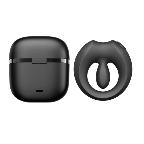 На фото ерекційне смарт-віброкільце Zalo Apis Obsidian Black, до 4 годин роботи, зарядний кейс