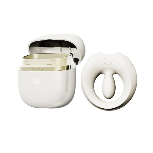 На фото ерекційне смарт-віброкільце Zalo Apis Ivory White, до 4 годин роботи, зарядний кейс 