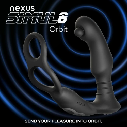 На фото черный стимулятор простаты Nexus SIMUL8 Orbit Edition с эрекционным кольцом
