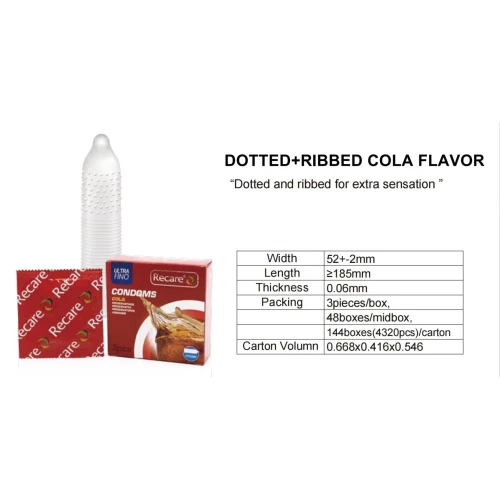 На фото презервативы Recare Cola Dotted&Ribbed Condoms 3 шт, с пузырями и ребрами, аромат коллы