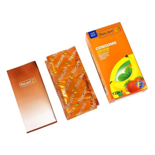 На фото презервативи Recare Color Fruit Flavour Condoms 12 шт, аромати: м'ята, банан, полуниця